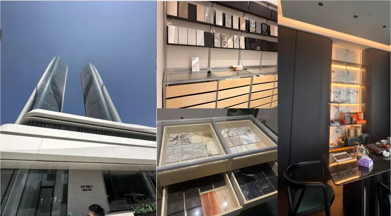 杭州和盛石材滨江选样工作室实景,智慧之门 B 塔内的大理石样品抽屉、样板墙与选材洽谈空间