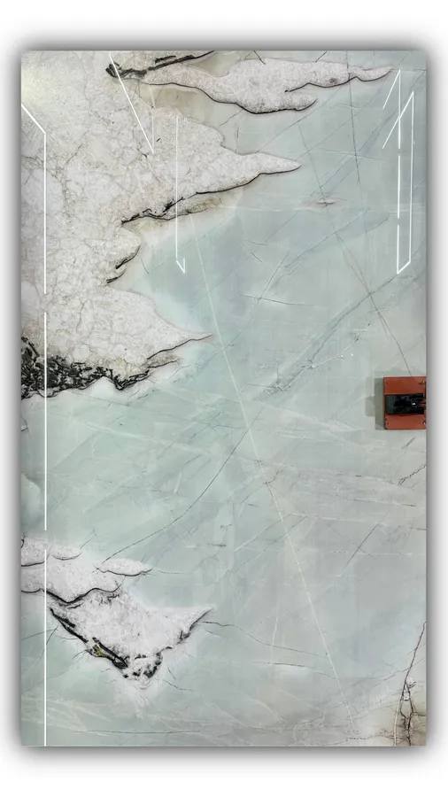 梨花飘雪大板实拍，奢石，绿色系，3300mm x 1940mm，码单号 9753，杭州和盛石材在库天然石材