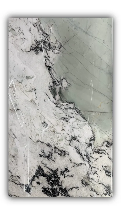 梨花飘雪大板实拍，奢石，绿色系，3260mm x 1900mm 1.8mm，码单号 25077072，杭州和盛石材在库天然石材